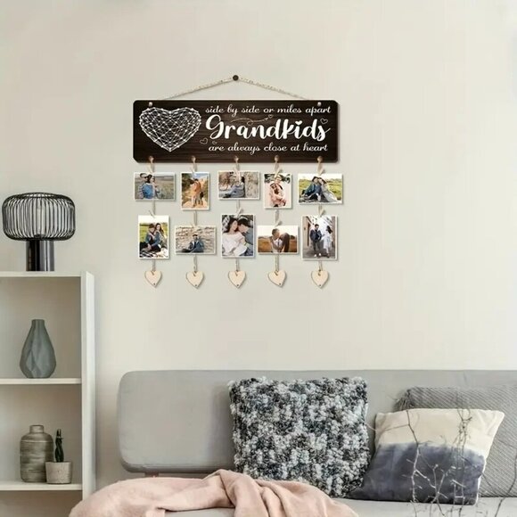 Rustic Wooden Grandkids Photo Display Heart-Shaped Hanging Wall Decor NEW - Picture 2 of 4